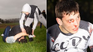 Victor Blanchevoye, Hoodfights Tiel – collage of two photos. Left: referee coming to separate a fight where two teens are wrestling on the ground. Right: close up of a fighter with a bloody face.