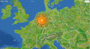 Eine Karte von Europa mit einem simulierten Asteroideneinschlag in Wuppertal, die Website Asteroid Launcher zeigt, was nach einem Meteroiteneinschlag passiert