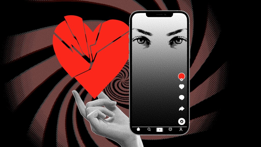 A collage of phone with seductive female eyes on the screen, hovering next to a female hand holding a broken heart emoji. The background is a hypnotic swirl of black and white.