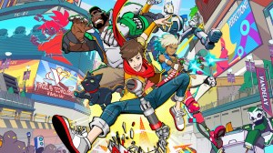 Key Art from Hi-Fi Rush, Chai, the main character, jumps through the air with several side characters behind him