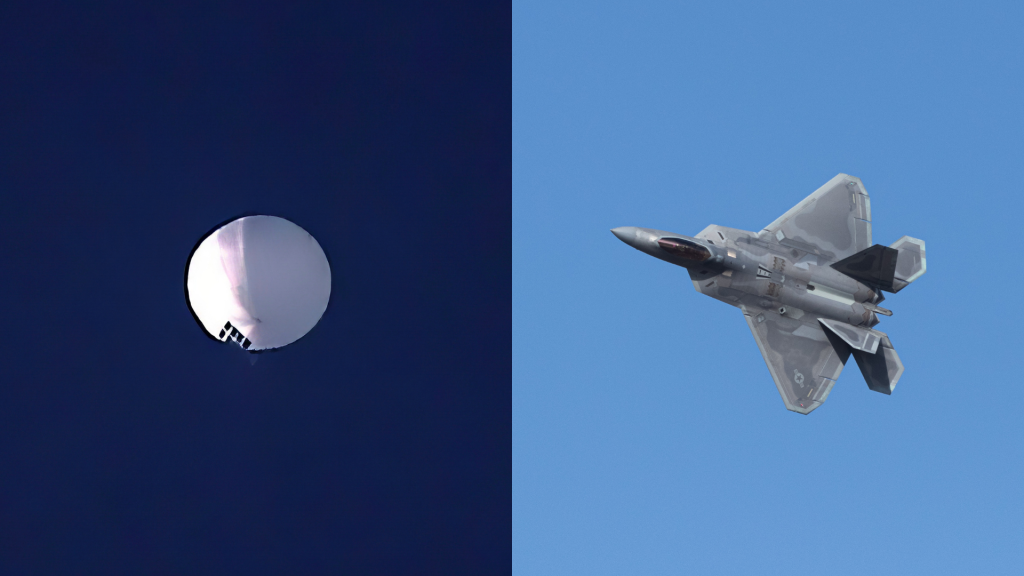 Jet tempur F-22 milik Amerika Serikat menembak balon mata-mata Tiongkok. Foto: Larry Mayer/The Billings Gazette via AP dan Lucas Aguayo Araos/Anadolu Agency via Getty Images.