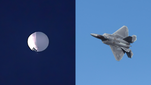 Jet tempur F-22 milik Amerika Serikat menembak balon mata-mata Tiongkok. Foto: Larry Mayer/The Billings Gazette via AP dan Lucas Aguayo Araos/Anadolu Agency via Getty Images.