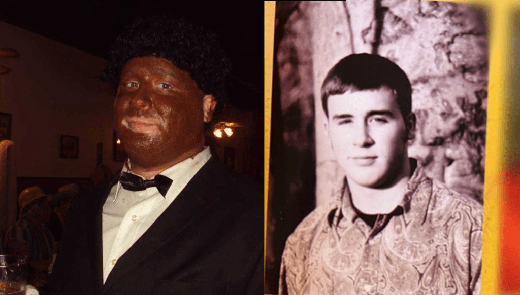 Logan Lawrence, the cofounder of the neo-Nazi homeschool network in Ohio, wore blackface and was known as being obsessed with WWII in high school. (Photos from Shotzy's Bar and Grill and Lawrence's high school yearbook)​​