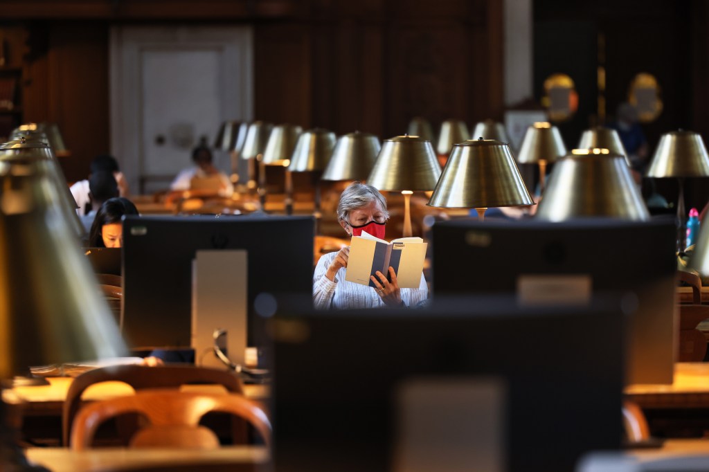 A person with gray hair sits behind computer monitors in a reading room at the New York Public Library