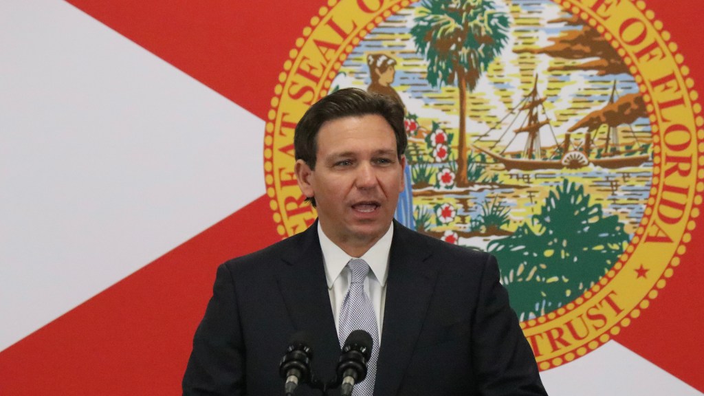 Florida Gov. Ron DeSantis announced plans to reform public universities by banning critical race theory and other measures at the Bradenton campus of State College of Florida on Jan. 31, 2023. (James A. Jones Jr. / The Bradenton Herald / Tribune News Serv