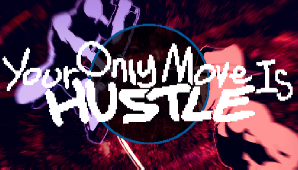 Key Art from Your Only Move is Hustle - A blue person weilding nun-chucks jumps towards a red person hold