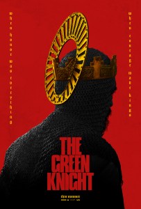 Poster for The Green Knight, a silhouette of Dev Patel's character Gawain wearing a crown against a stark red background