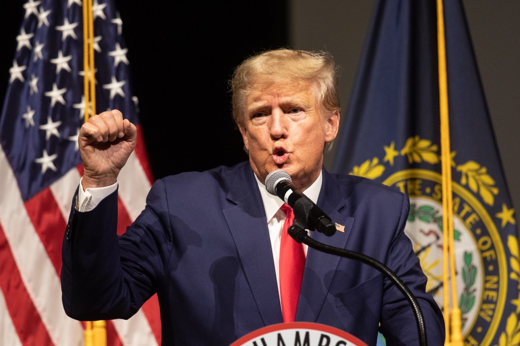 Former U.S. President Donald Trump speaks at the New Hampshire Republican State Committee's Annual Meeting on January 28, 2023 in Salem, New Hampshire.