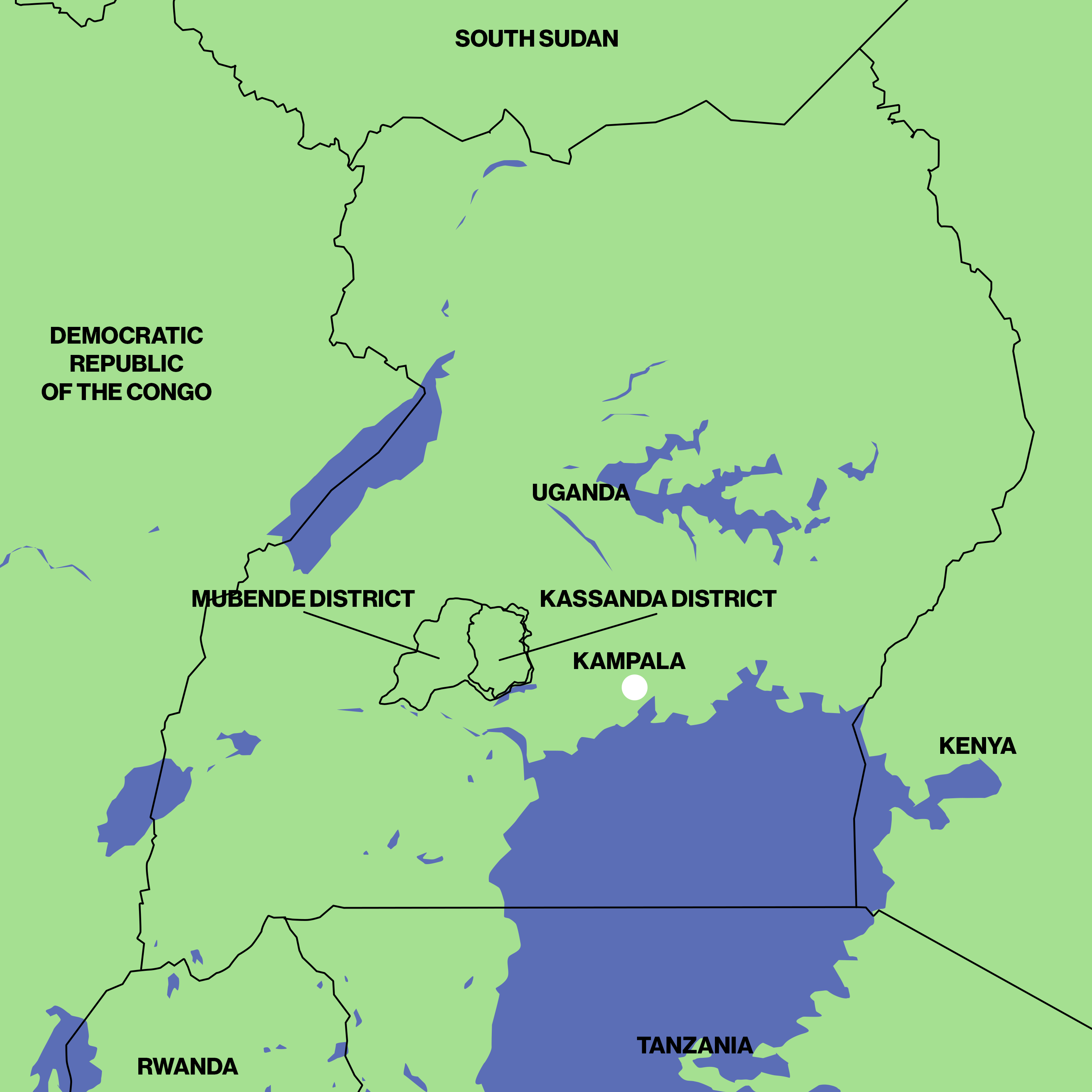 Map of Uganda showing the Mubende and Kassanda districts. Photo: VICE