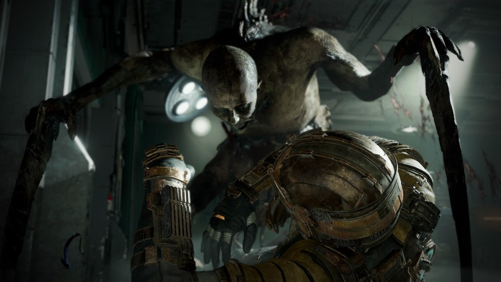 screenshot from Dead Space Remake, a necromorph looms over a prone Issac