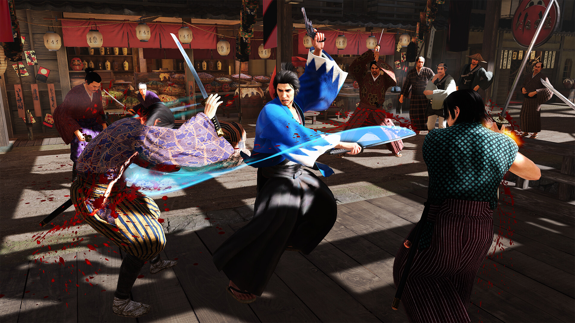 A blue-jacketed Samurai swings a sword against a crowd of enemies in a marketplace while raising a pistol above his head.