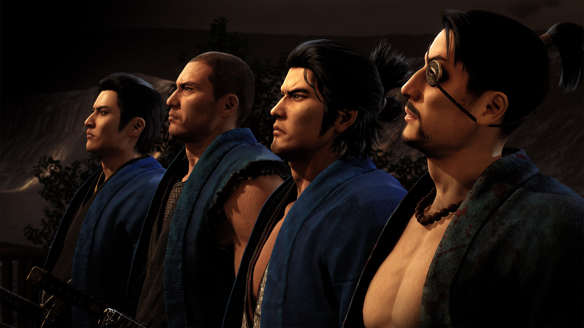 A group of blue-coated Shinsengumi captains stand at attention, gazing at something out of grame.