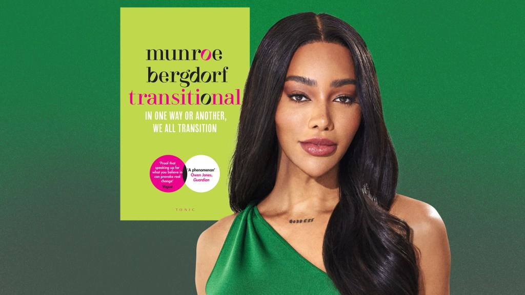 A collage of munroe bergdorf in front of her green book cover on a dark green background.