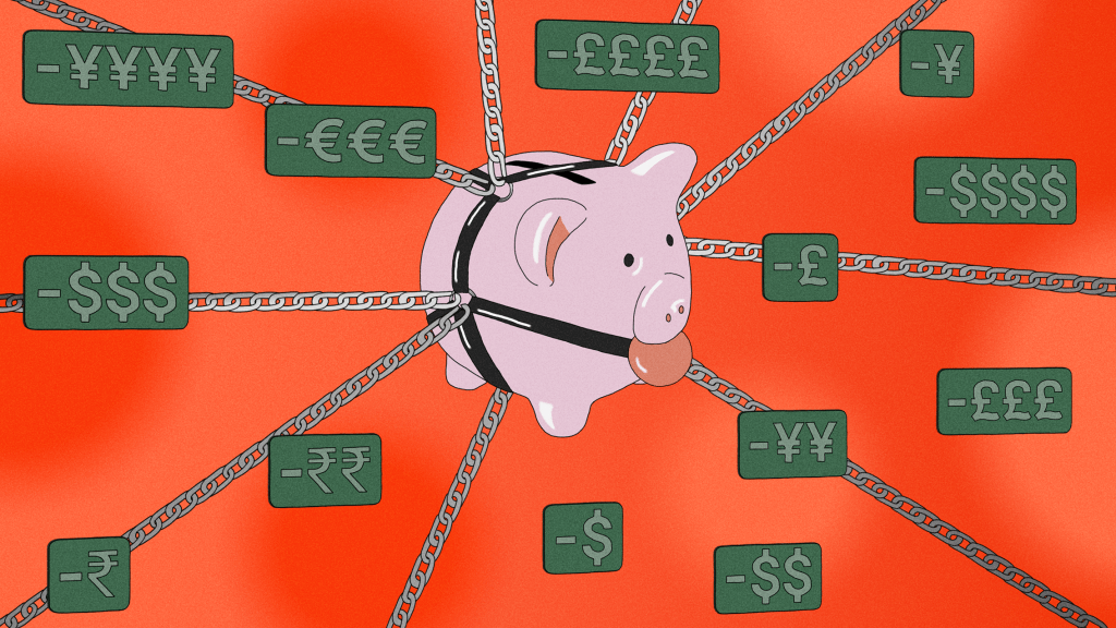 A paypig piggy bank tied up surrounded by money