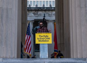 Matt Walsh speaks during a rally against gender-affirming care in Nashville, Tennessee on October 21, 2022. (SETH HERALD/AFP via Getty Images)