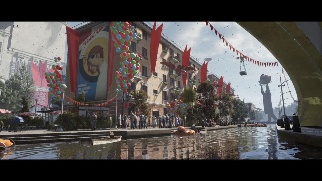 A screenshot depicting a long canal, flanked with a cheering crowd, leading to a statue. The environment is covered with Soviet iconography.