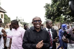 Labour Party presidential candidate Peter Obi talks to the media at his house in Amatutu on February 25, 2023.