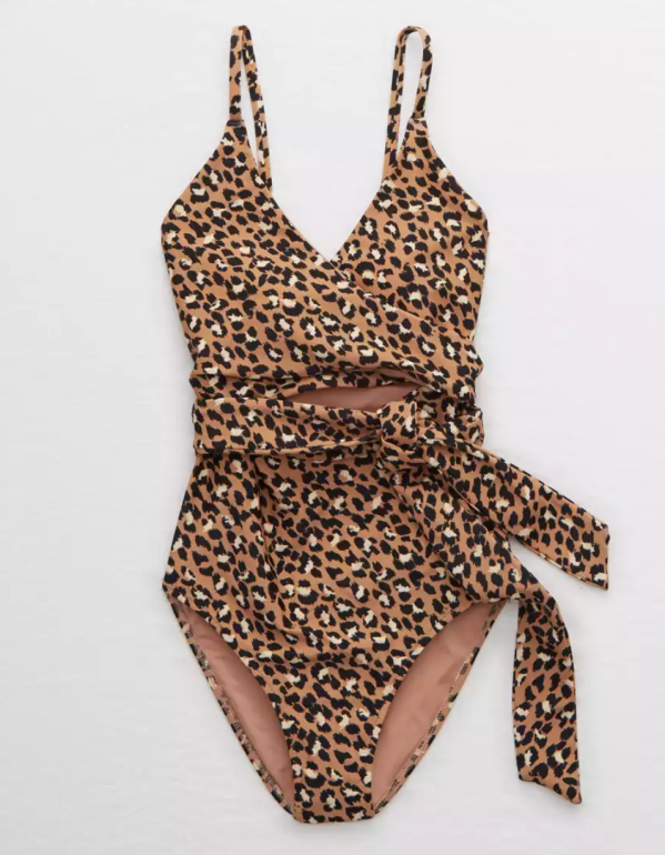 aerie leopard print one piece wrap swimsuit