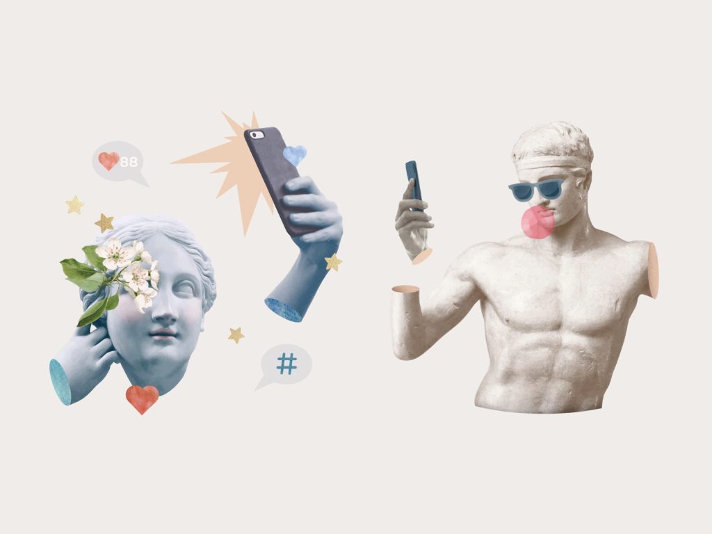 A collage of stone statues taking selfies.