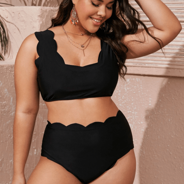 Shein Plus Solid Scallop Trim Bikini Swimsuit