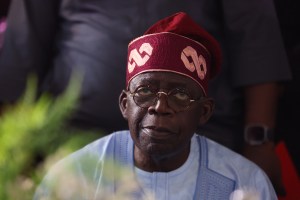 Bola Tinubu, looks on in Abuja on March 1, 2023 during celebrations at his campaign headquarters.