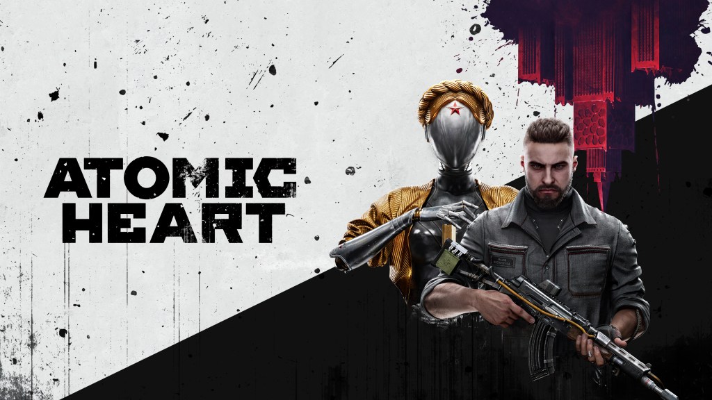 Splash Art from Atomic Heart depicting, on a diagonally halved backdrop of spattered white and black, a golden feminine robot standing behind a man with dark hair, beard and mustache, and an assault rifle. ATOM