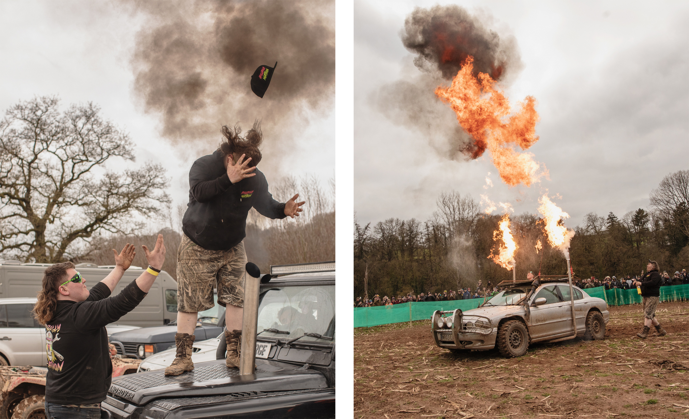 Left image shows a person standing on top of a car's hood getting his hat blown off by the exhaust smoke coming from a modified exhaust pipe from the hood. The right image shows a modified sedan spewing flames from exhaust pipes that come out the side and point upwards.