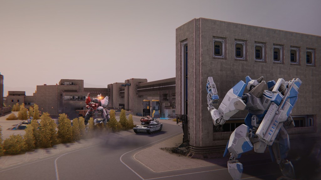 Two large mechs stand facing one another in front of an office building. The mech in the foreground is holding a pistol in its left hand, witha rifle across its back. The more distant mech holds an assault rifle at its waist.