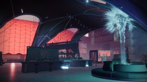 Screenshot from Destiny 2: Lightfall: an empty bar and seating area on Neomuna.