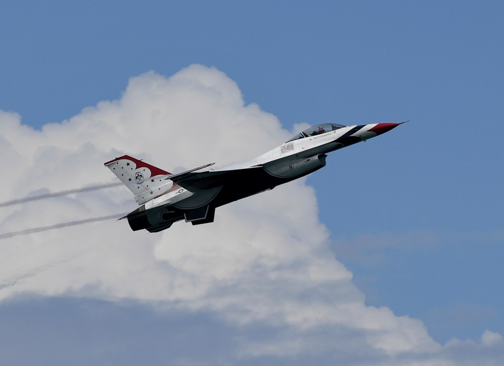 United States Air Force Thunderbirds General Dynamics F-16 Fighting Falcon are seen in flight during practice for the Fort Lauderdale Air Show at Fort Lauderdale Beach on April 29, 2022 in Fort Lauderdale, Florida.