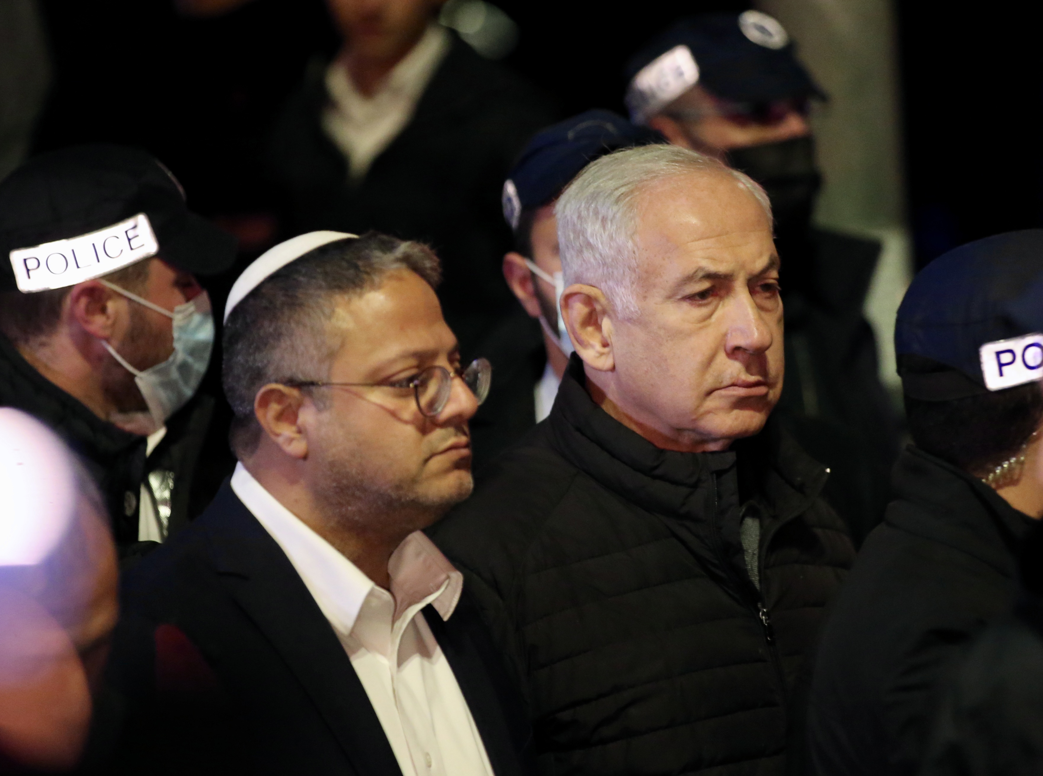 Ben-Gvir and Netanyahu at the scene of an attack upon a Jewish settlement in East Jerusalem in January where 7 people were killed. Photo: Mostafa Alkharouf/Anadolu Agency via Getty Images