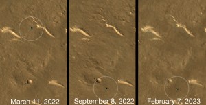 Hasil jepretan pengorbit NASA memperlihatkan posisi rover Zhurong (bagian dilingkari) tidak pernah berubah sejak September 2022. Foto: NASA/JPL/Universitas Arizona