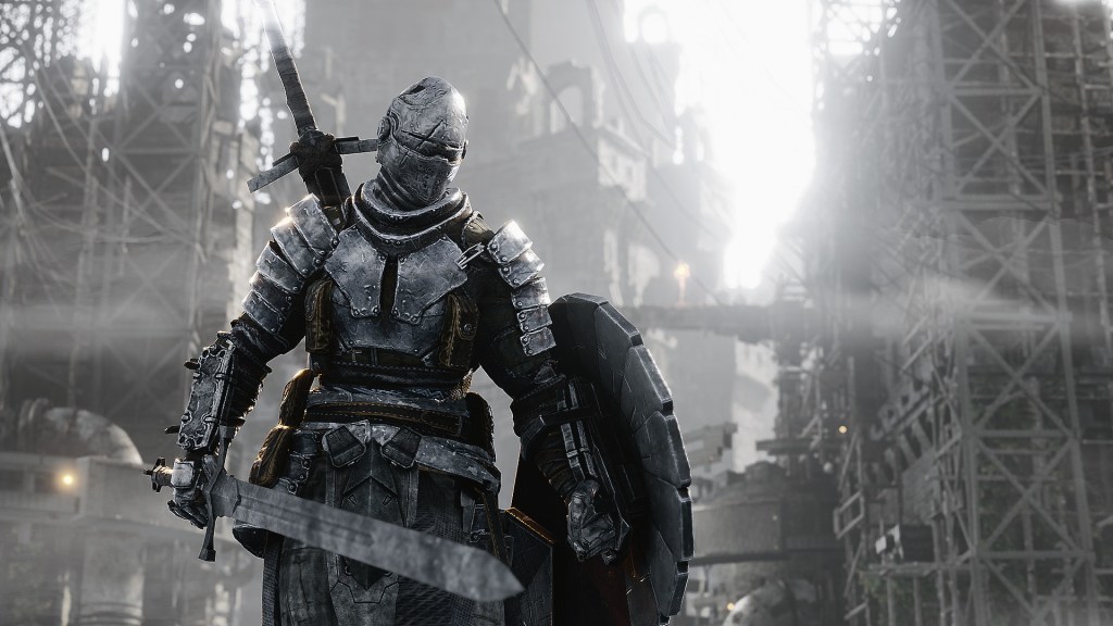 A knight in heavy armor stands at the edge of a ruined, modern city covered in massive pieces of scaffolding and other metal outcroppings.