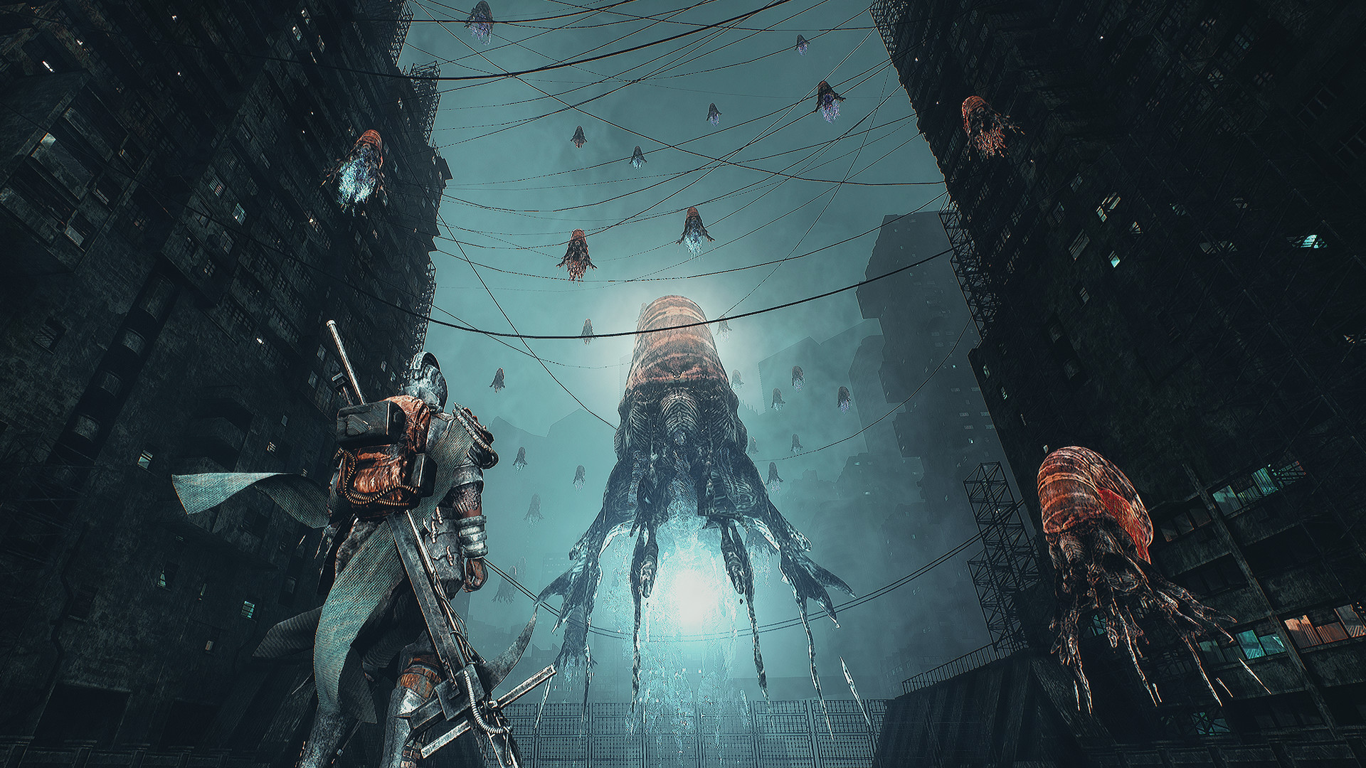 A knight stands in a massive city, as a squid-like, alien being looms overhead. Smaller versions of the creature float in the air between telephone lines.