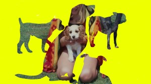 A young girl holding a puppy in her lap on a lawn inside the shape of 4 other dogs with a yellow background