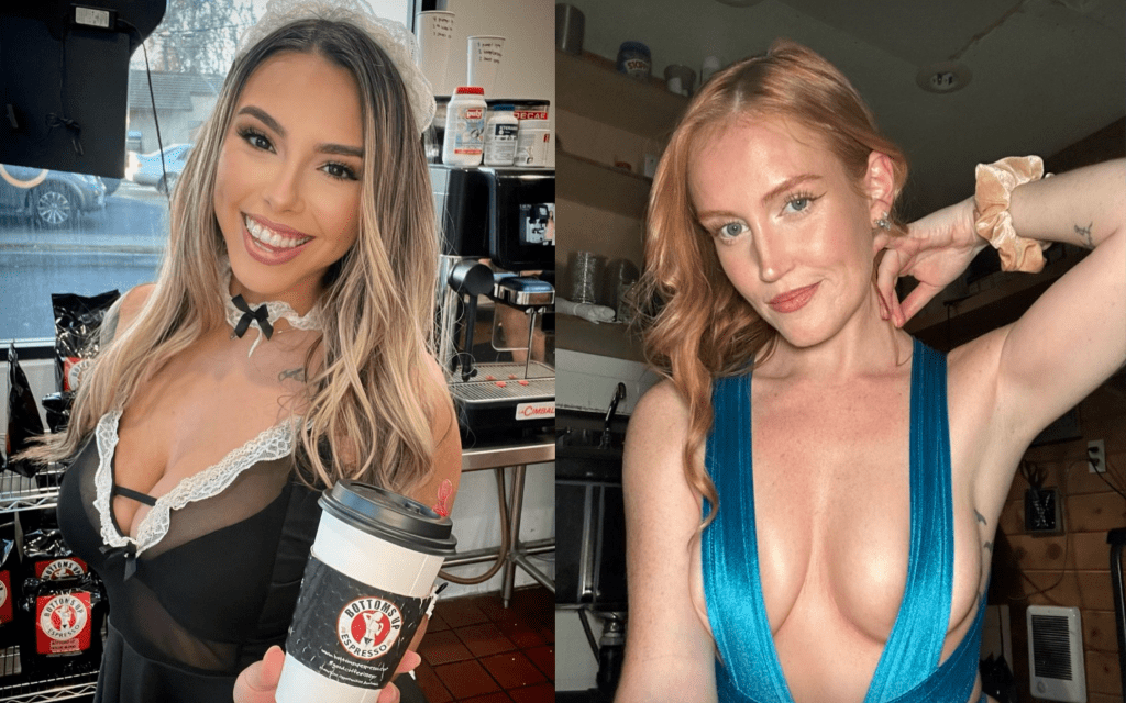 Two bikini baristas pose in their coffee stands.