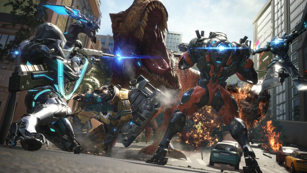 Four power armor wearing individuals in a modern city open fire on a massive T-Rex, which is in the process of d