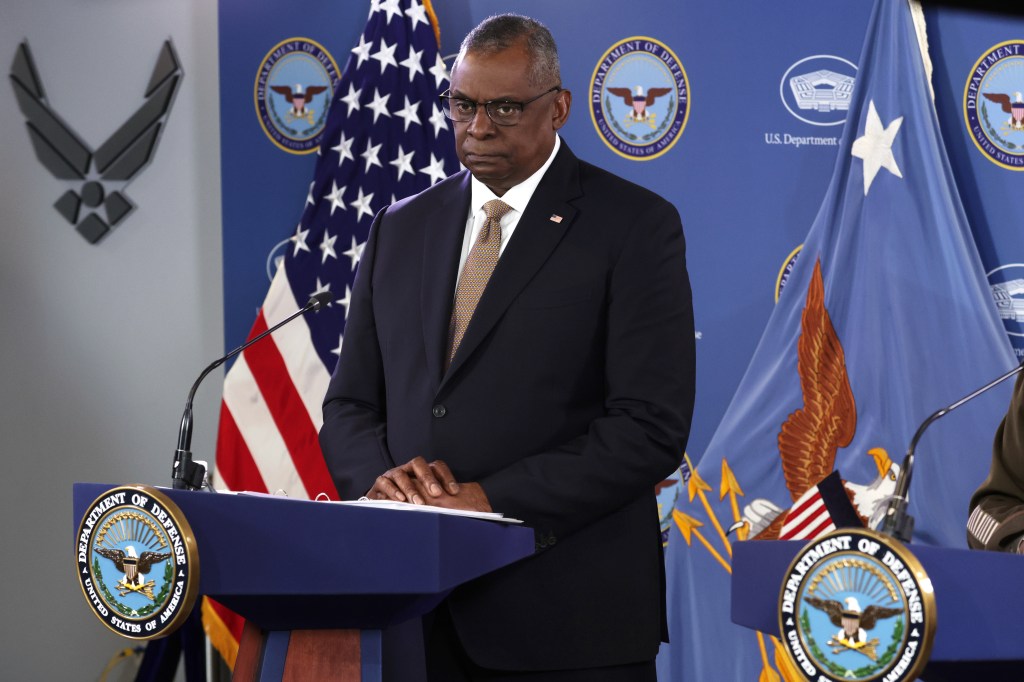 U.S. Secretary of Defense Lloyd Austin listens during a press conference at the Pentagon on March 15, 2023 in Arlington, Virginia.