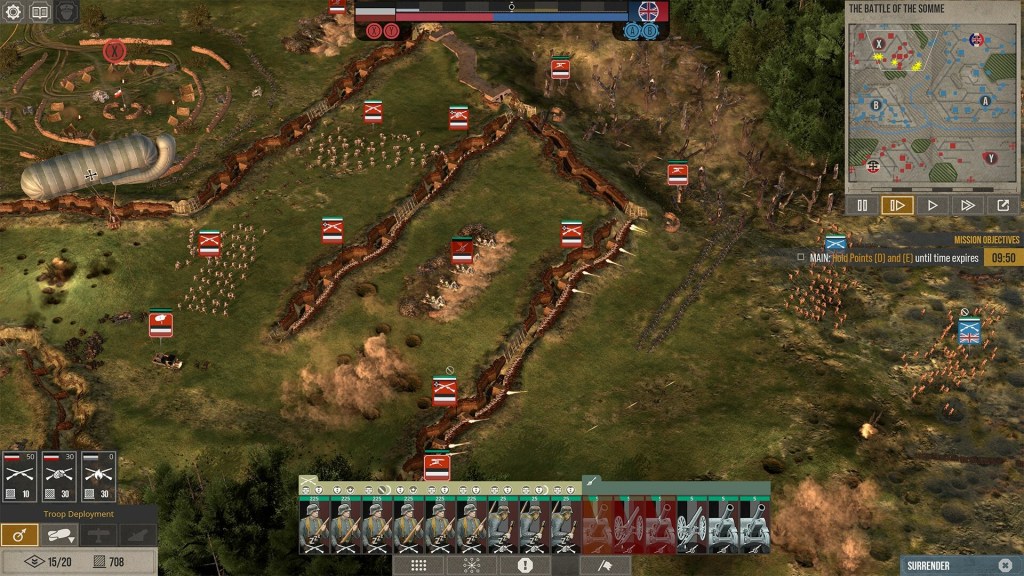 Waves of infantry calmber up a hill with a pair of parallel trench lines on it full of infantry firing back. The scene is from an overhead, real-time strategy game perspective.