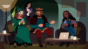 Key art from King of the Castle, four people dressed in medieval noble clothing gather around a laptop to play the game King of the Castle