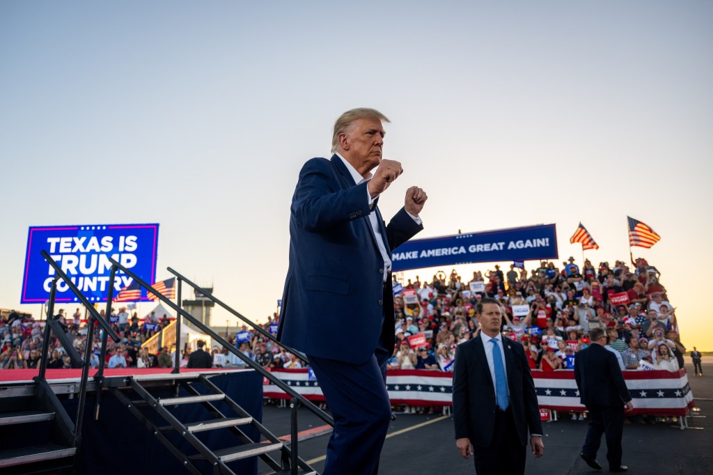 Former U.S. President Donald Trump dances while exiting after speaking during a rally at the Waco Regional Airport on March 25, 2023 in Waco, Texas. Former U.S. president Donald Trump attended and spoke at his first rally since announcing his 2024 preside