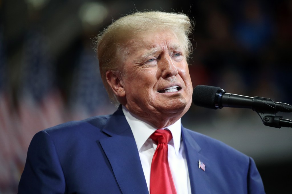 Former president Donald Trump speaks to supporters at a rally to support local candidates at the Mohegan Sun Arena on September 03, 2022 in Wilkes-Barre, Pennsylvania.