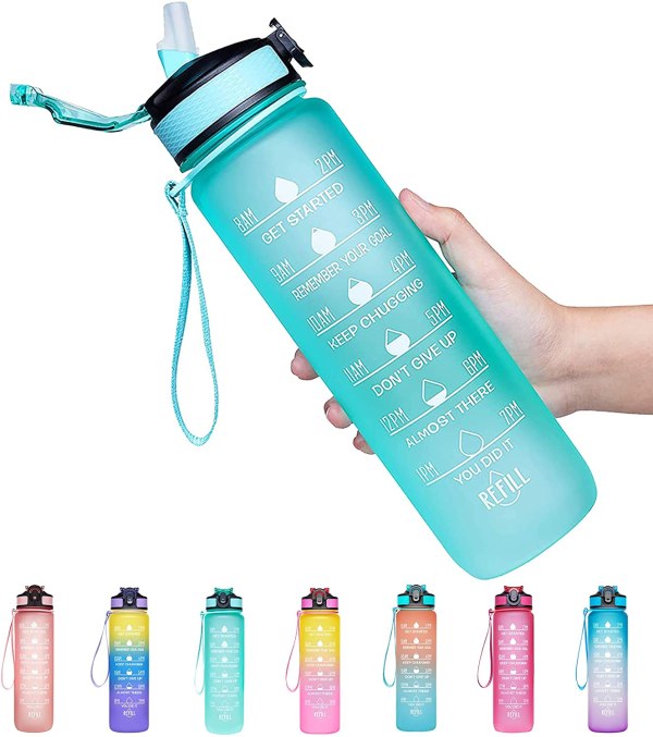 Giotto 32oz Leakproof BPA Free Drinking Water Bottle with Time Marker & Straw