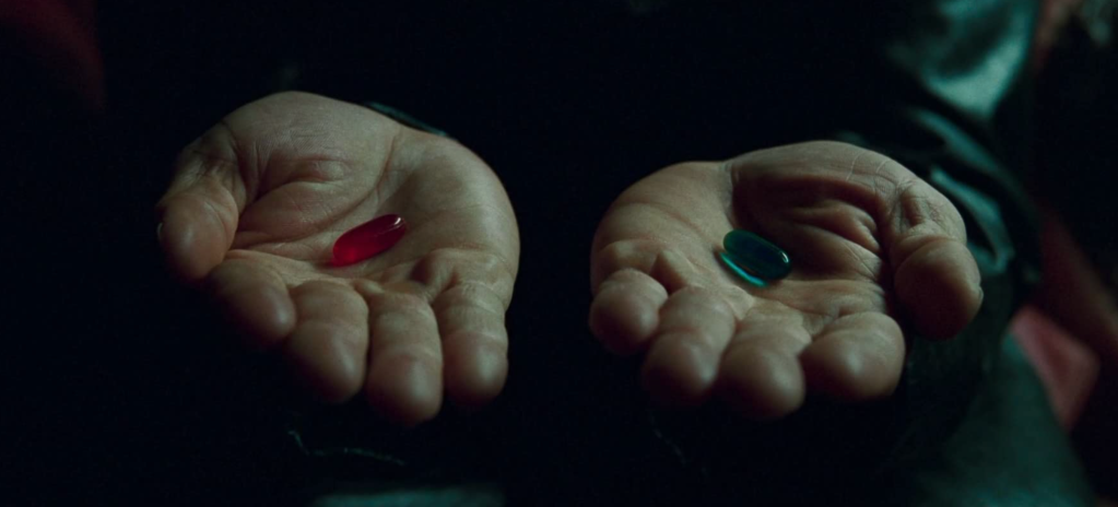 Still from the Matrix of Morpheus offering Neo a red bill and a blue pill