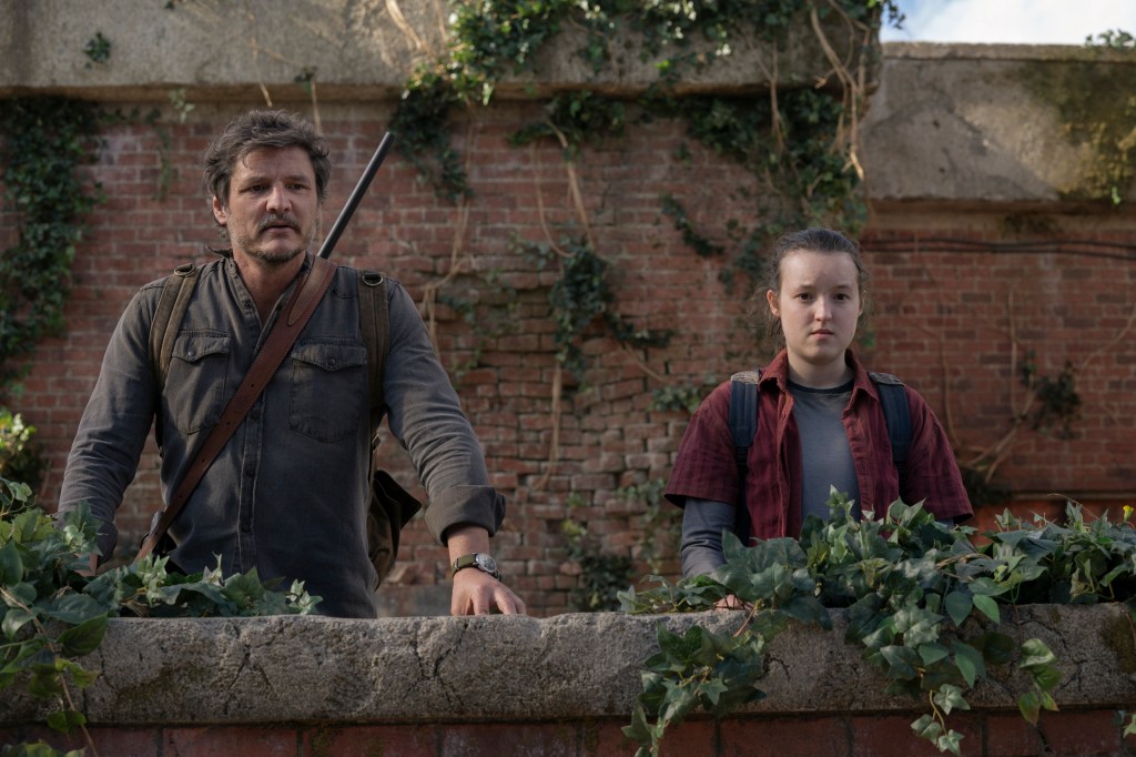 Joel (Pedro Pascal) and Ellie (Bella Ramsey) look out over an ivy covered wall.