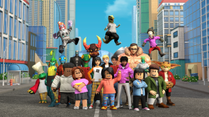 Key Art from Roblox, a group of Roblox avatars pose on a city street.