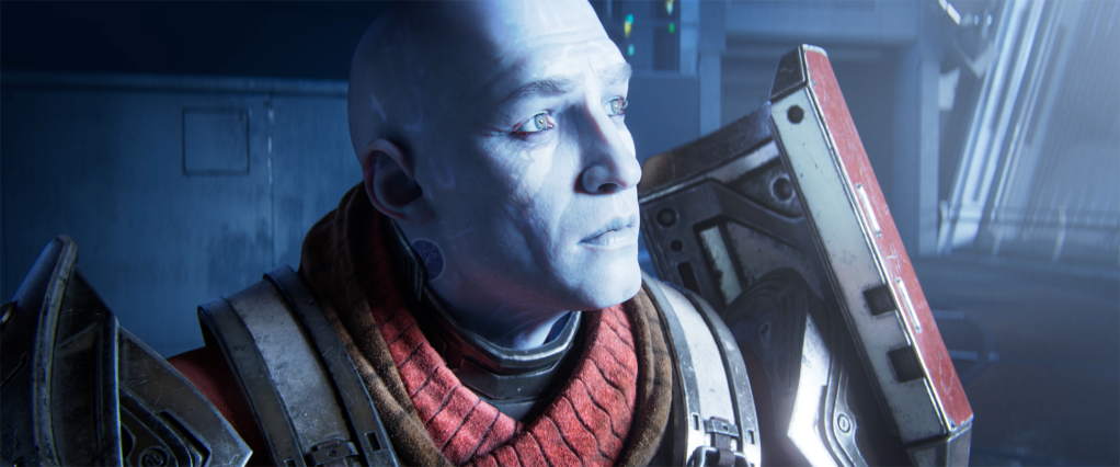 Screenshot from Destiny 2: Lightfall, Commander Zavala looks off screen as something shines li