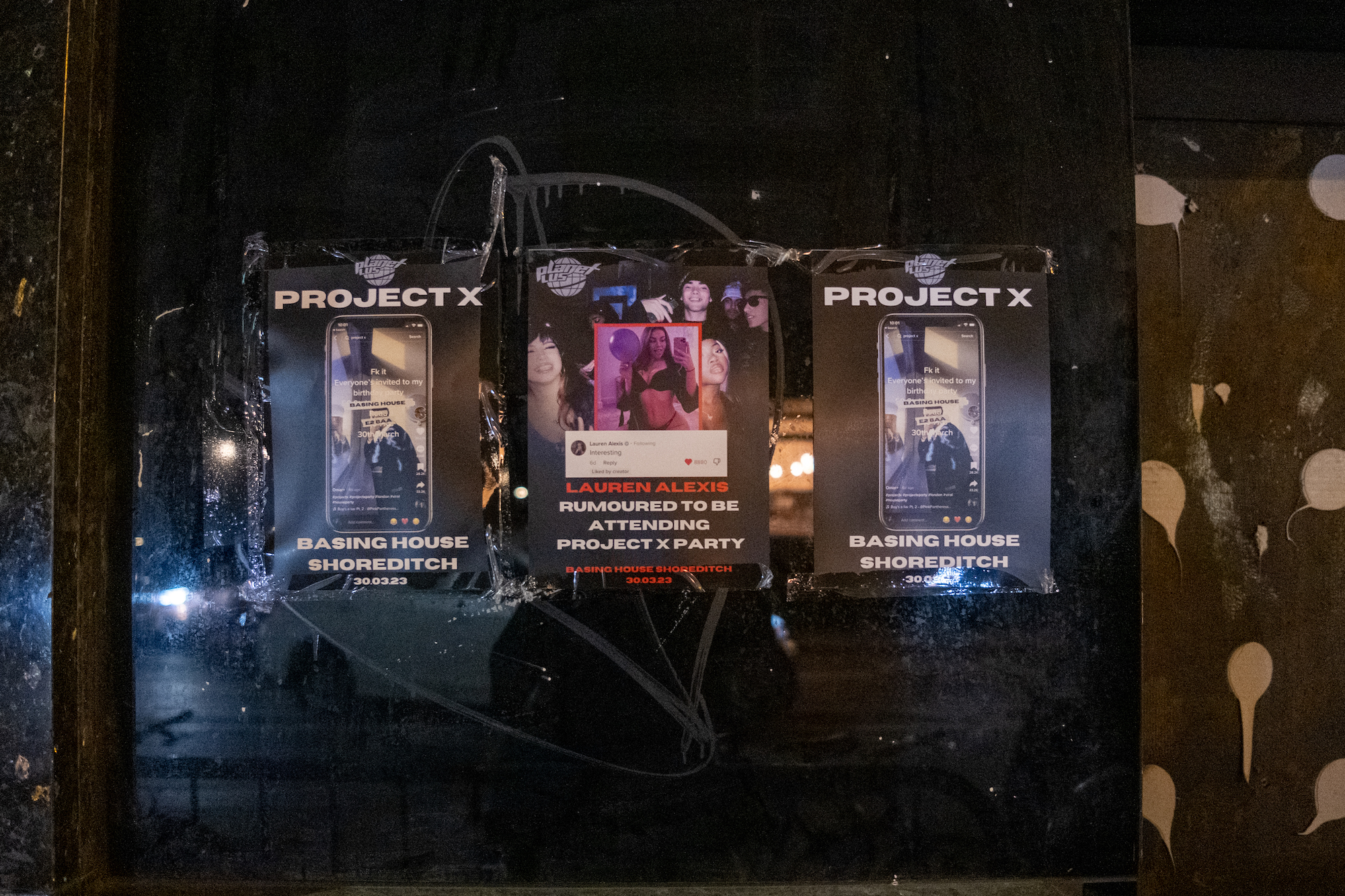 Posters advertising a Project X party