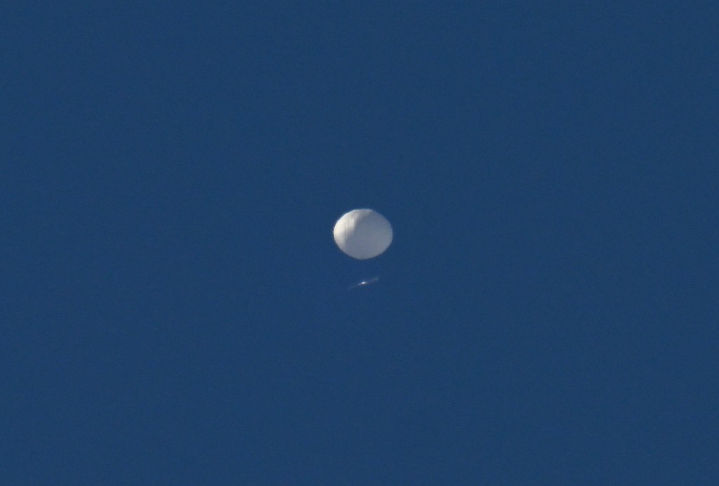 Chinese spy balloon flies above in Charlotte NC, United States on February 04, 2023.