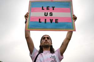 Supporters of LGBTQA+ rights participate in the March for Queer & Trans Autonomy on Capitol Hill in Washington, DC on March 31, 2023.